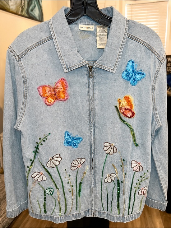 White Stag Jackets & Blazers - White Stag Jacket Womens L 12/14 Blue Denim Embroidery Patches Butterfly